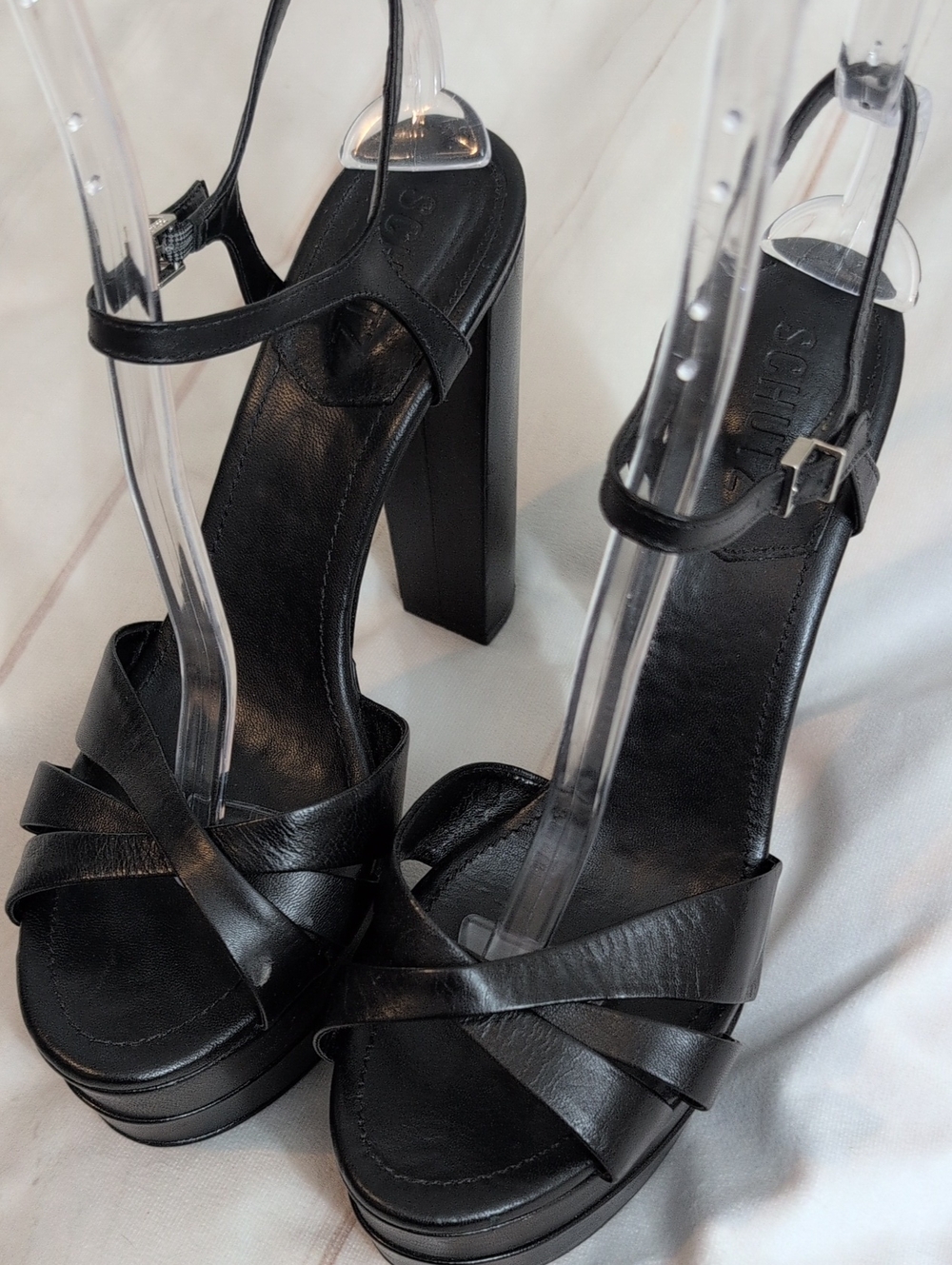 SCHUTZ Womens 10B Black Leather Platform Sandals Chunky Block Heel Brazil